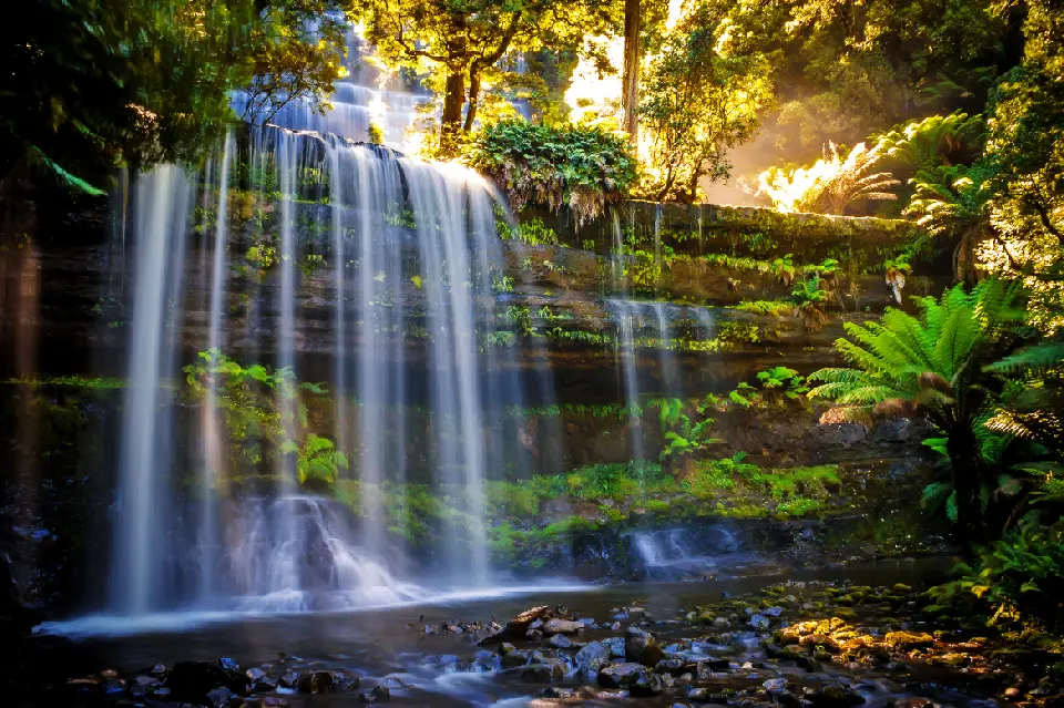 Multi-tiered Russell Falls surrounded by lush temperate rainforest in Mount Field National Park, Tasmania.