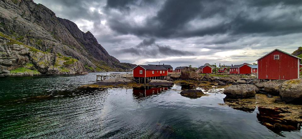 Nusfjord fishing village with rorbuer on Flakstadøya, Lofoten Islands, Norway