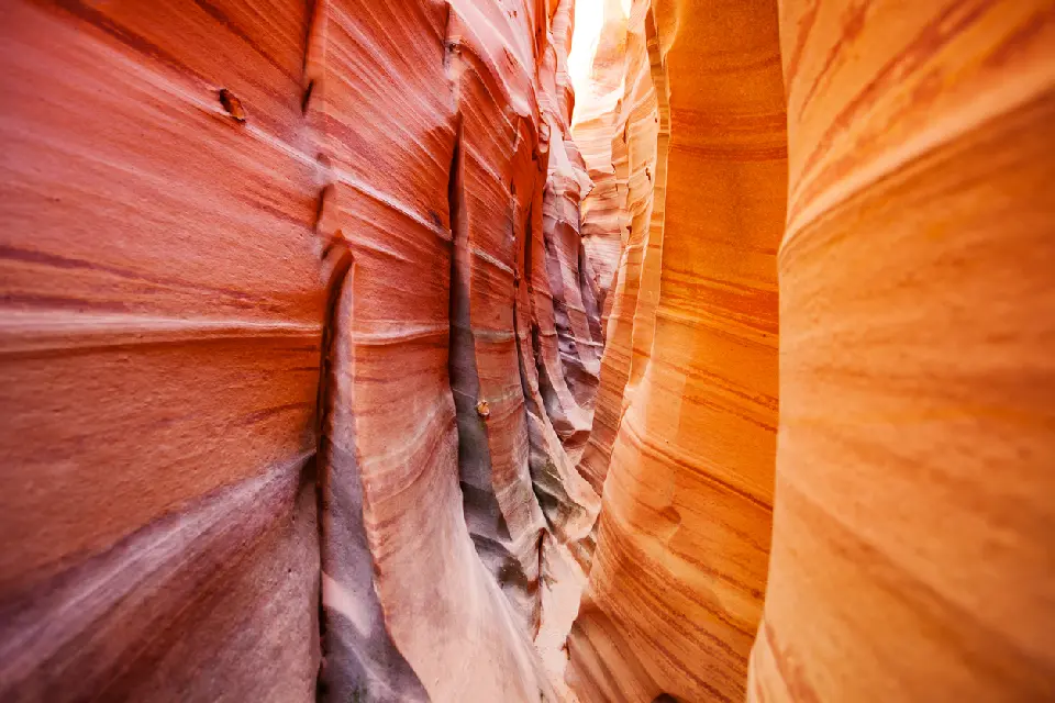 Narrow passage through Zebra Slot Canyon with sweeping red, orange and cream bands across sculpted sandstone walls.
