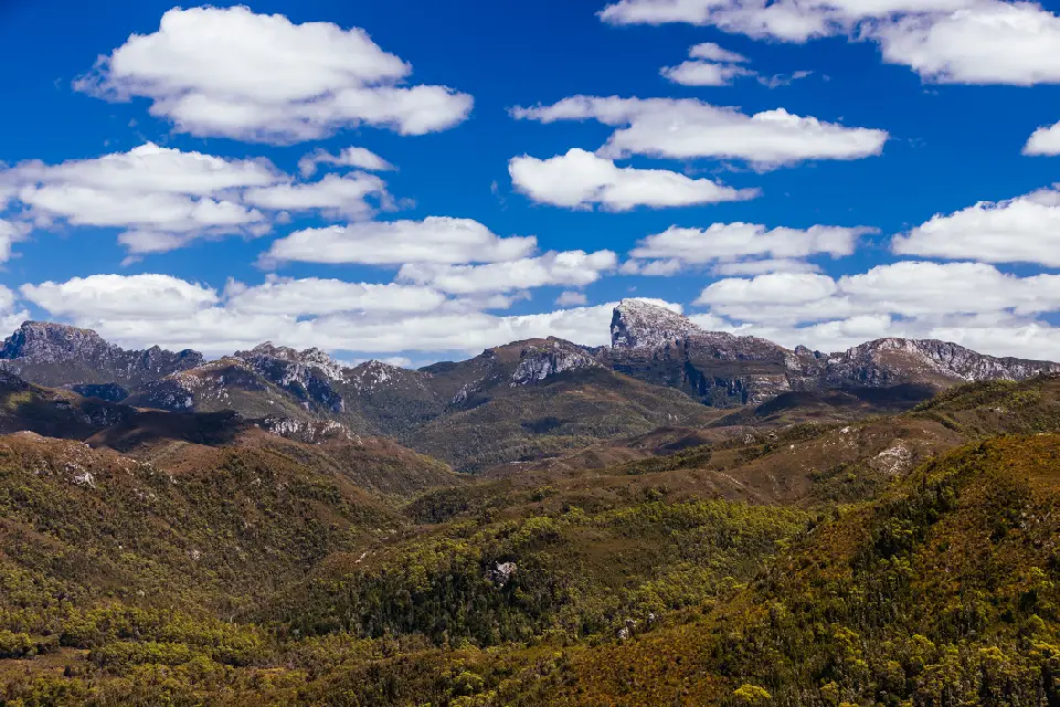 View toward Frenchmans Cap from Donaghys Hill in Franklin-Gordon Wild Rivers National Park, Tasmania.
