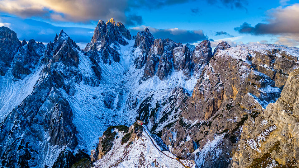 Cadini di Misurina mountain spires from the ridge viewpoint near Tre Cime in the Dolomites, Italy.