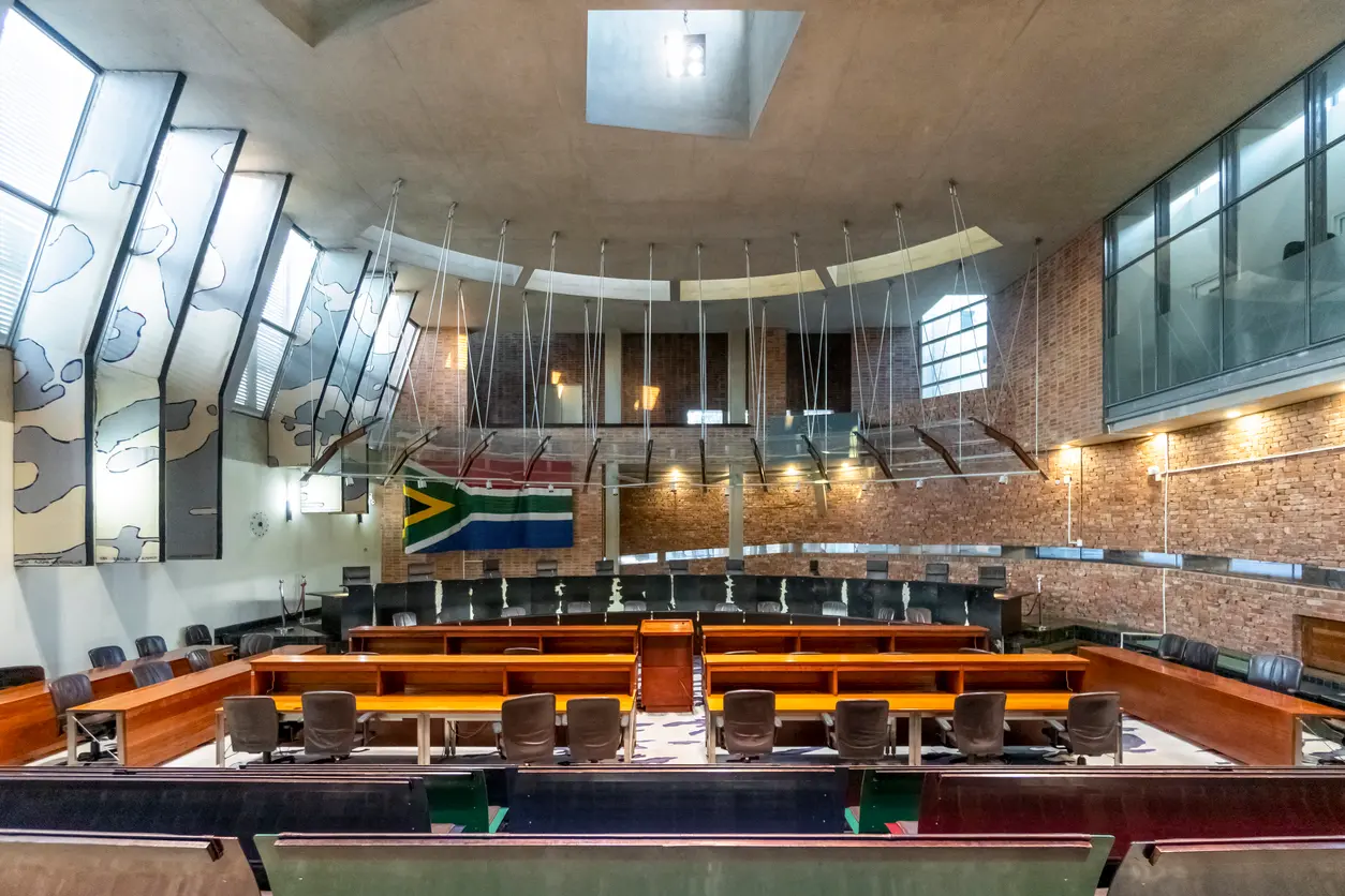 Interior of the Constitutional Court chamber at Constitutional Hill in Johannesburg, South Africa.