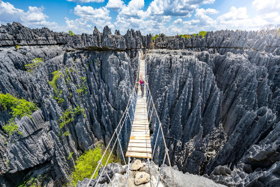 Hiker crossing a suspension bridge above the limestone pinnacles of Tsingy de Bemaraha in Madagascar
