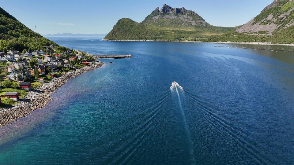 Aerial view of Gryllefjord Senja Norway showing coastal village, harbour and boat heading out through fjord toward open sea with mountains surrounding.