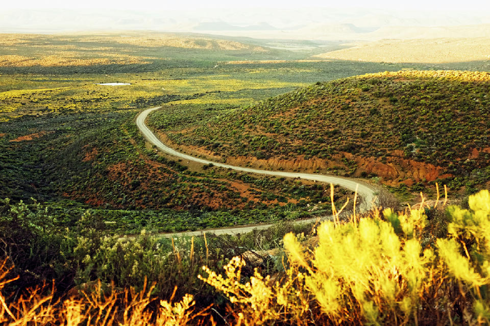Winding road through the scrub-covered hills and valleys of the Kamiesberg region in Namaqualand, Northern Cape, South Africa.