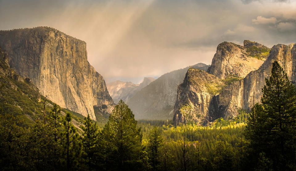 Tunnel View Yosemite Valley California showing El Capitan, Bridalveil Fall and forested valley floor between granite cliffs.