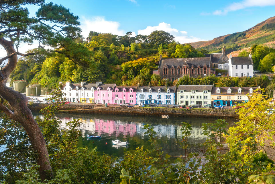 View over Portree harbour on the Isle of Skye, with colourful houses along the bay framed by foreground flowers.