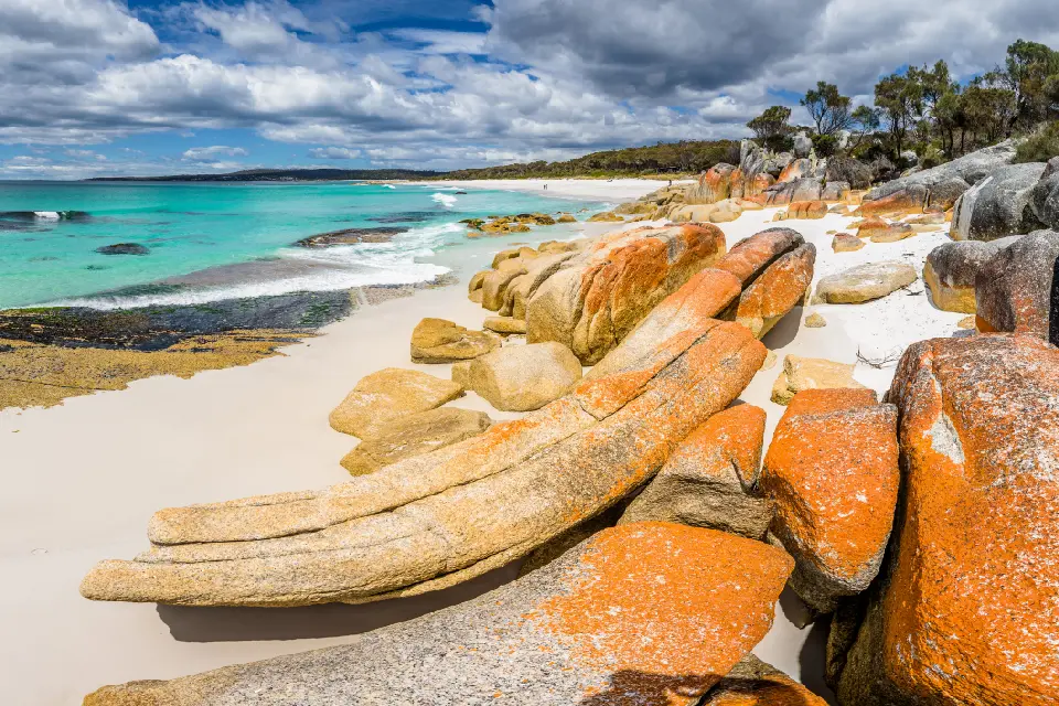 Orange-lichen granite boulders, white sand and turquoise water along the Bay of Fires coastline in northeast Tasmania.