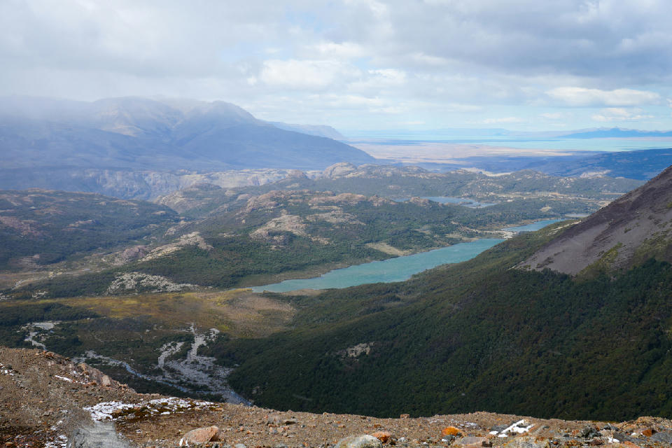 Small interconnected lakes and forested valley landscape at Laguna Madre e Hija near El Chaltén in Patagonia, Argentina.