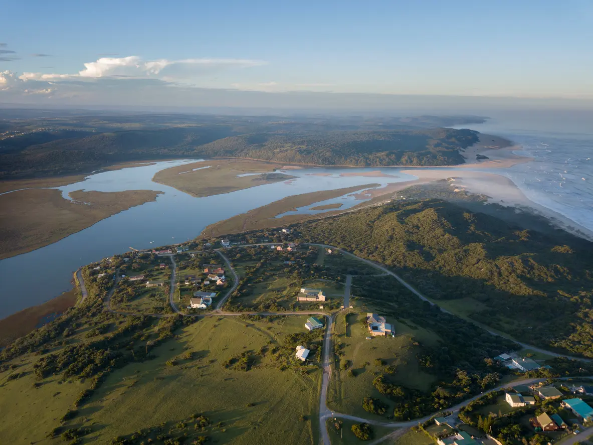 Aerial view of the Touw River Estuary, coastal dunes and Wilderness Lagoon at the mouth of the Touw River on the Garden Route.