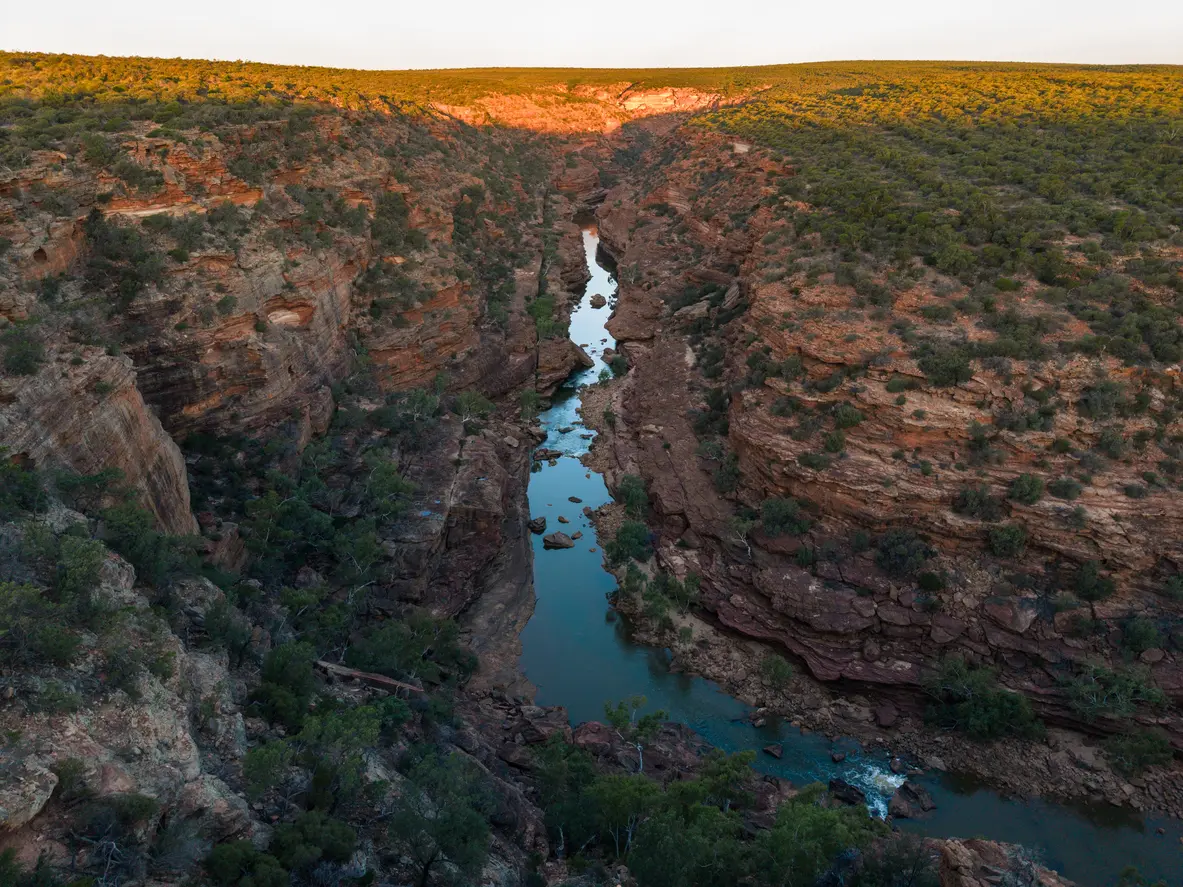 Aerial view of the Murchison River winding through the steep layered gorge at Z Bend.