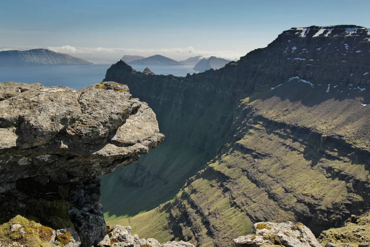 Rock ledge at Enniberg overlooking steep green cliffs and the North Atlantic, with Fugloy and Svínoy islands visible in the distance, Faroe Islands.