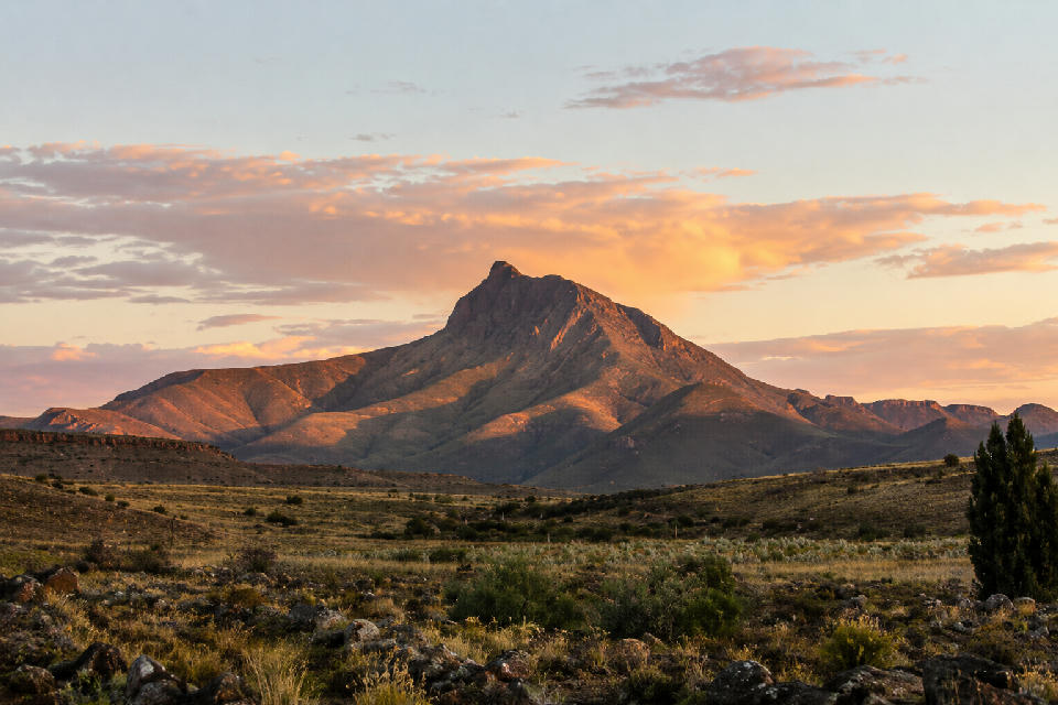 Compassberg mountain towering above the Great Karoo landscape near Nieu-Bethesda in the Eastern Cape, South Africa.