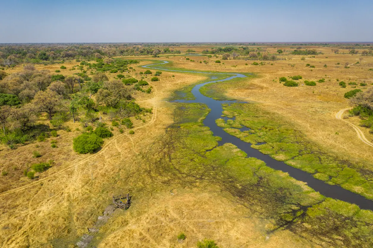 Aerial view of the winding Khwai River and surrounding floodplains on the northern boundary of Moremi Game Reserve in Botswana.