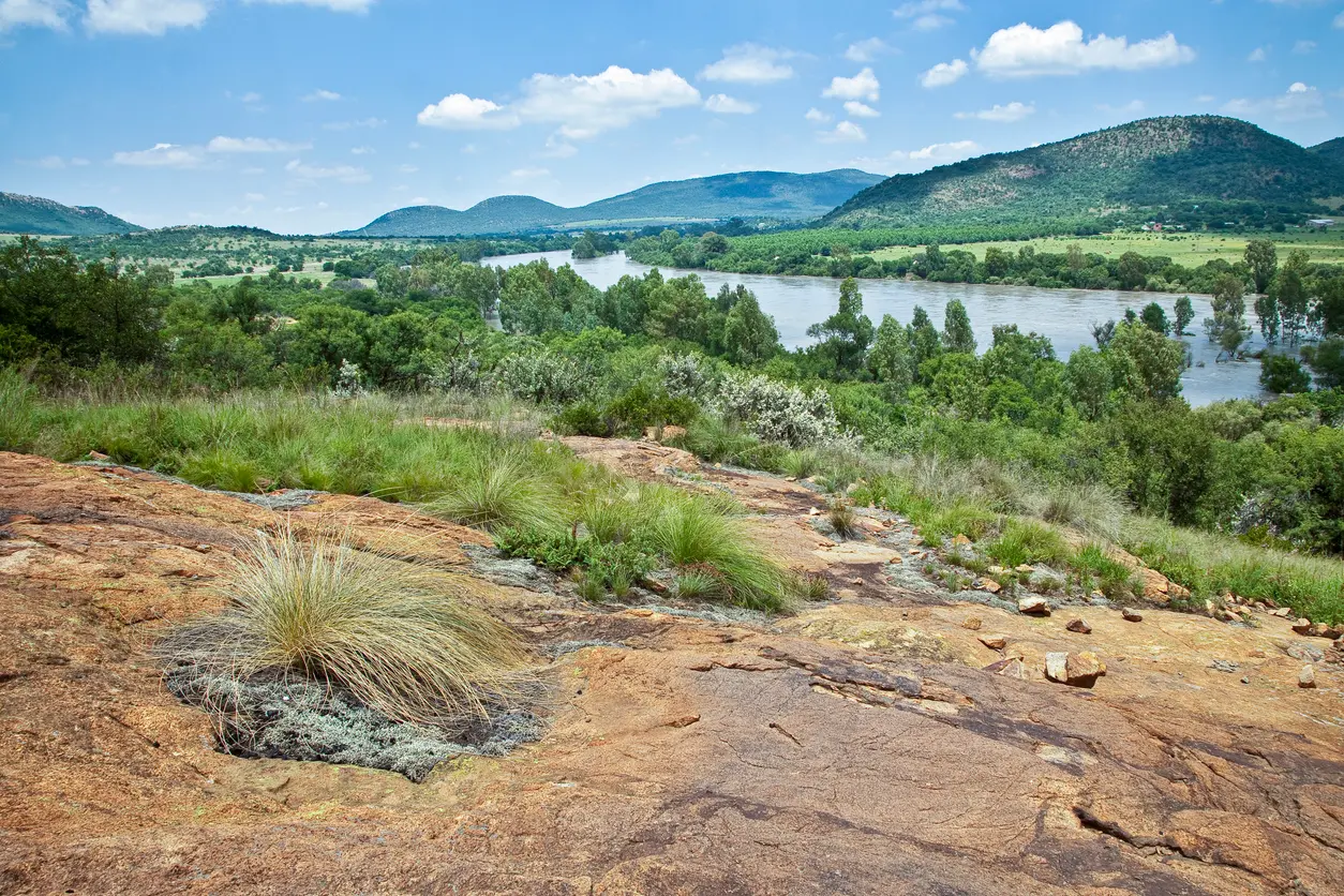 Elevated view across the Vaal River toward the wooded ridges and rocky landscapes of the Vredefort Dome in South Africa.