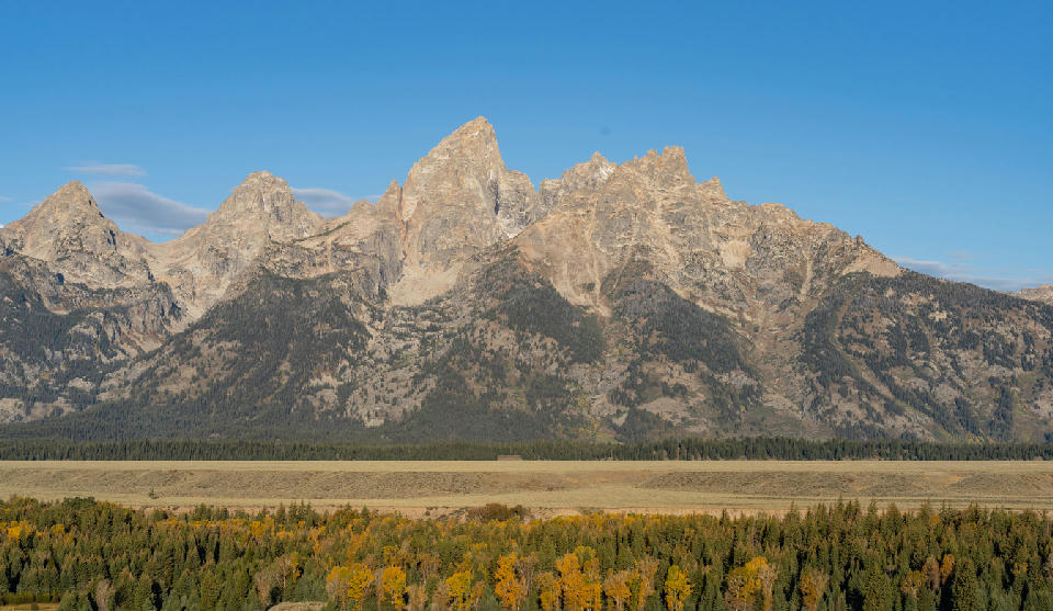 View of the Teton Range above autumn-colored forest from Glacier View Turnout, Grand Teton National Park, Wyoming.