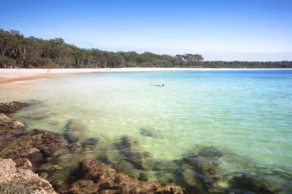 Clear emerald water laps against rocks and a sweeping white-sand shoreline backed by forest at Green Patch Beach.