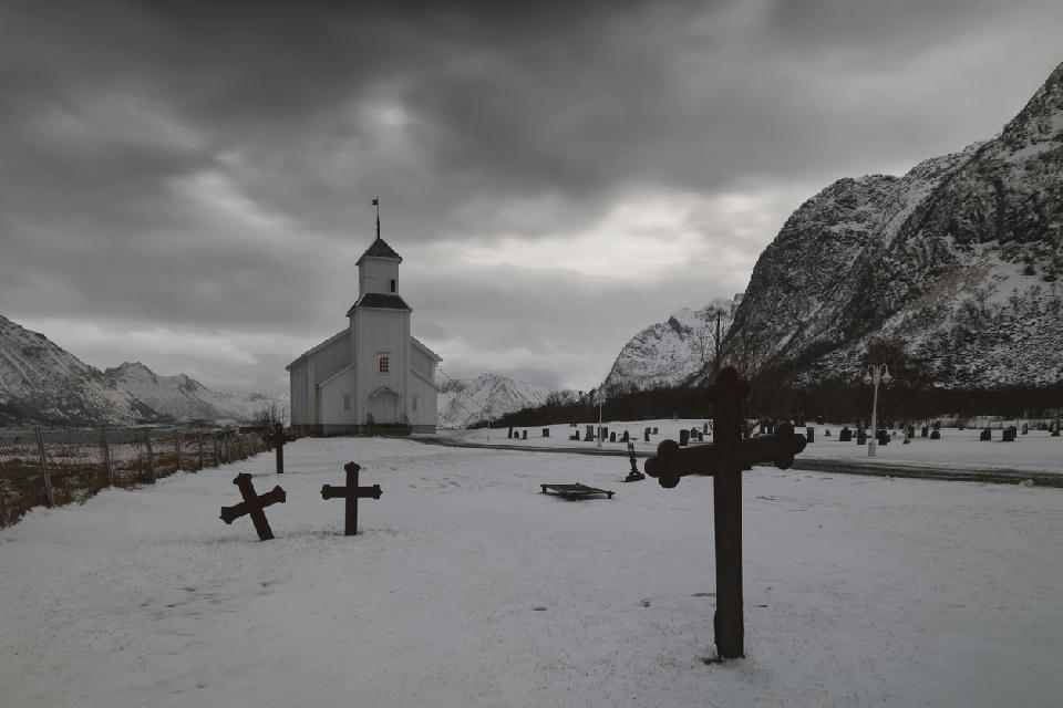 Gimsøy Church in Gimsøysand on Gimsøya in the Lofoten Islands, Nordland, Norway.