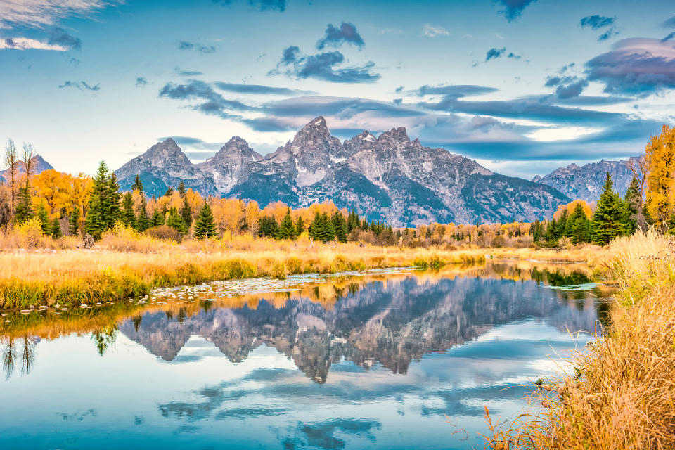 Snake River reflection of the Teton Range at Schwabacher Landing in Grand Teton National Park