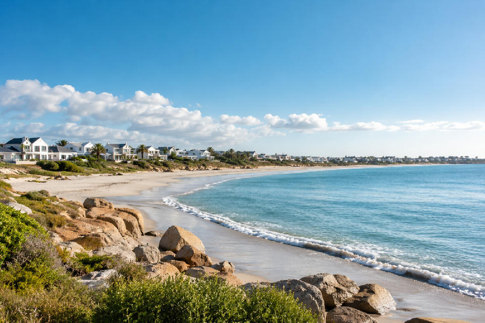 Panoramic view of Britannia Bay with white sandy beach, turquoise Atlantic Ocean, granite rocks and coastal homes under a bright blue sky on South Africa's West Coast.