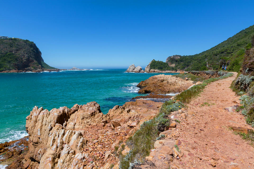 Hiking trail along the rocky coastline of Featherbed Nature Reserve near the Knysna Heads on the Garden Route, South Africa.