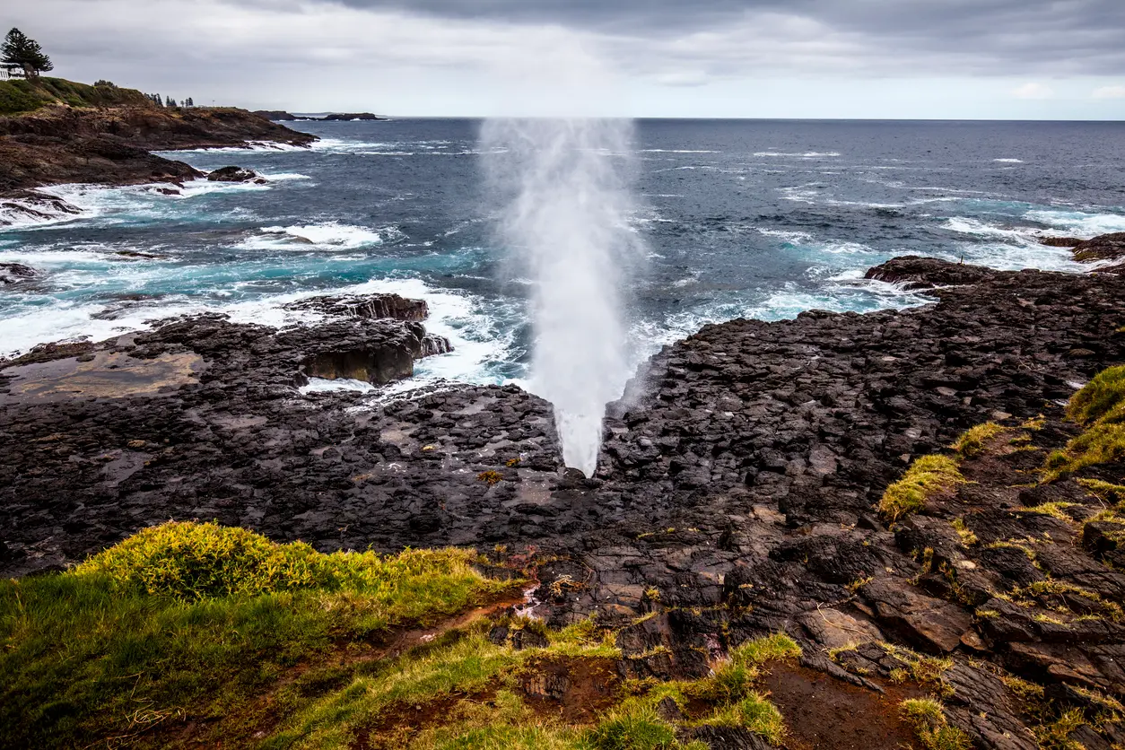 Seawater shoots vertically from the Little Kiama Blowhole as waves strike the dark volcanic rock coastline.