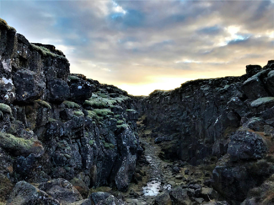 Rocky rift valley at Þingvellir National Park showing the exposed tectonic plate boundary in southwest Iceland.