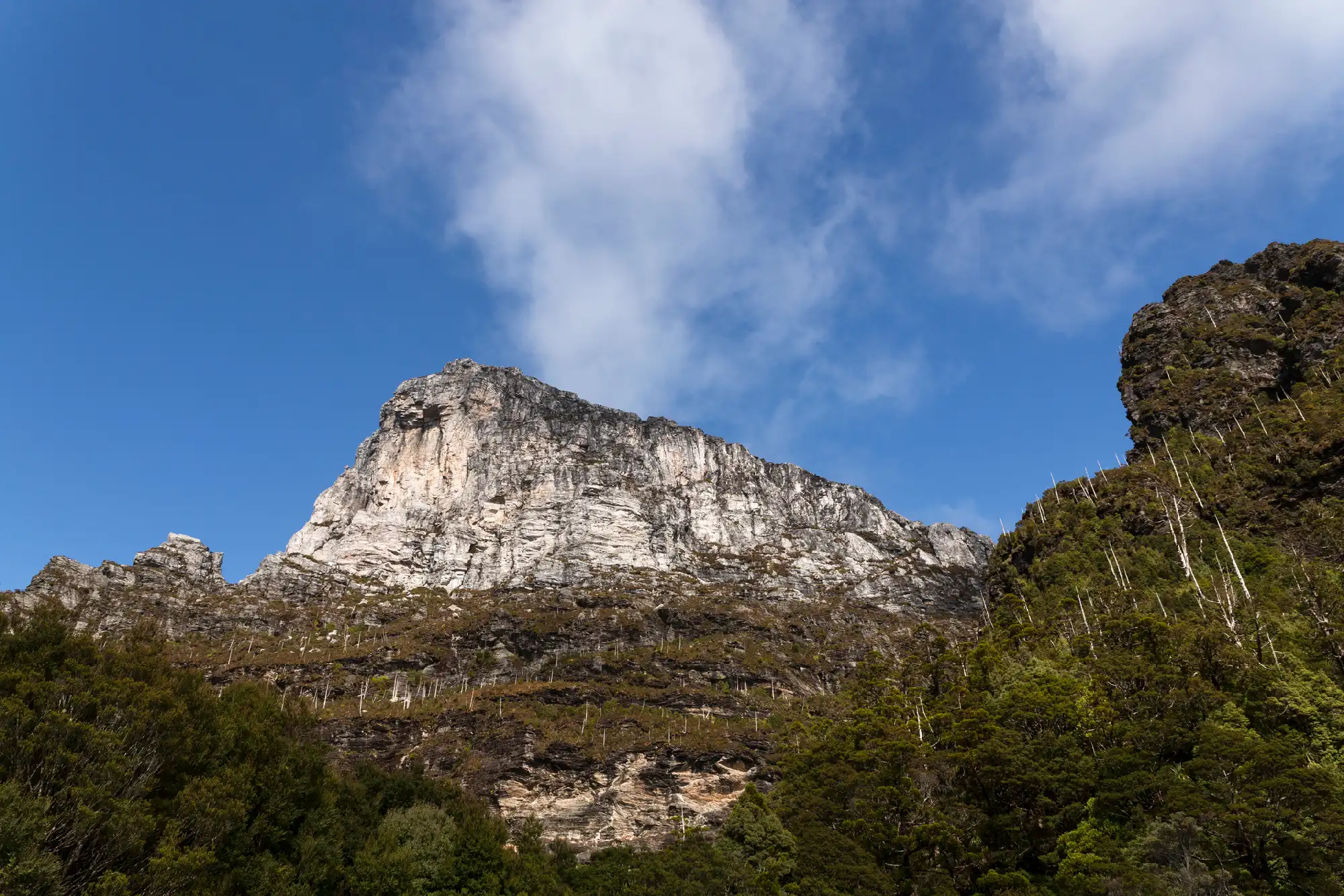 Close view of the rocky summit and cliffs of Frenchmans Cap in western Tasmania.