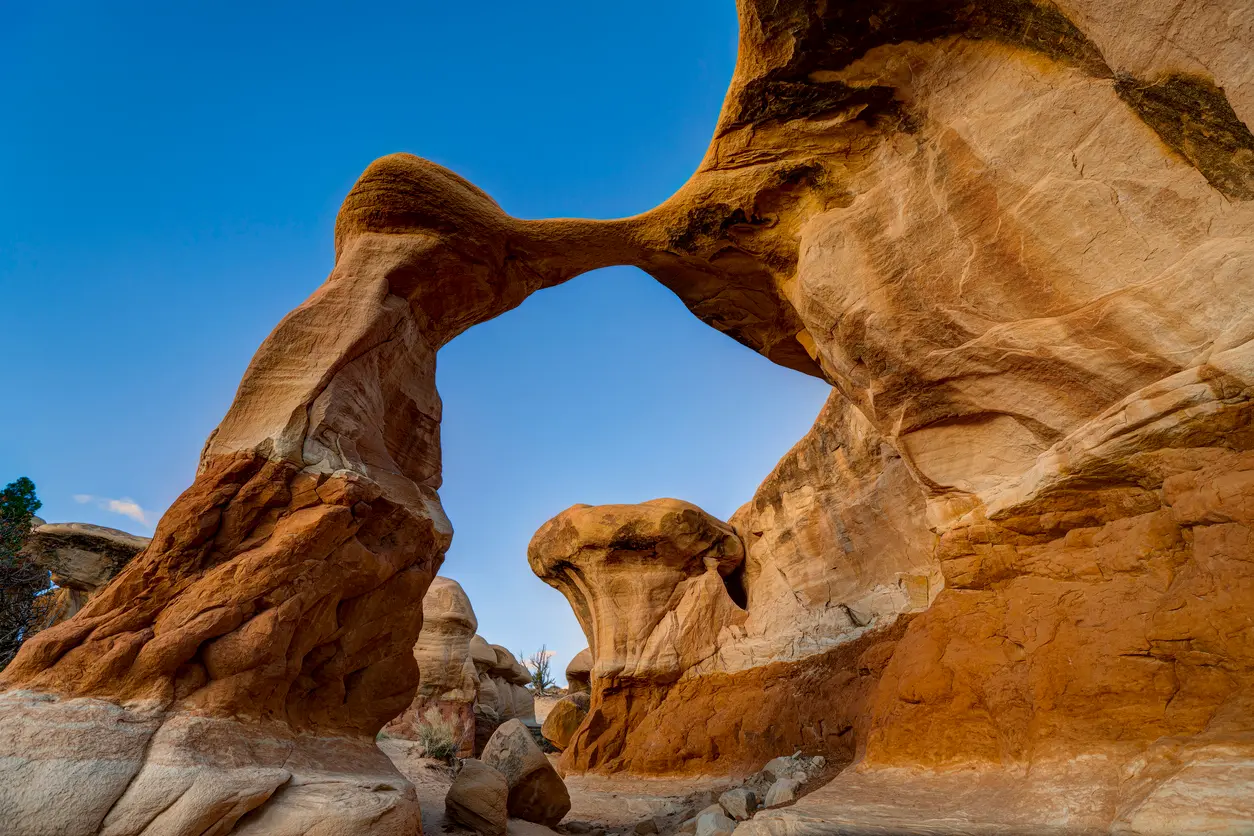 Metate Arch forms a slender natural sandstone span above sculpted orange rock formations in Devil’s Garden.