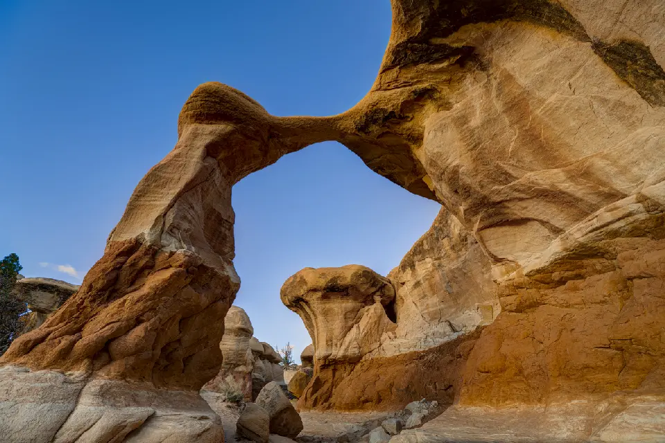 Metate Arch forms a slender natural sandstone span above sculpted orange rock formations in Devil’s Garden.