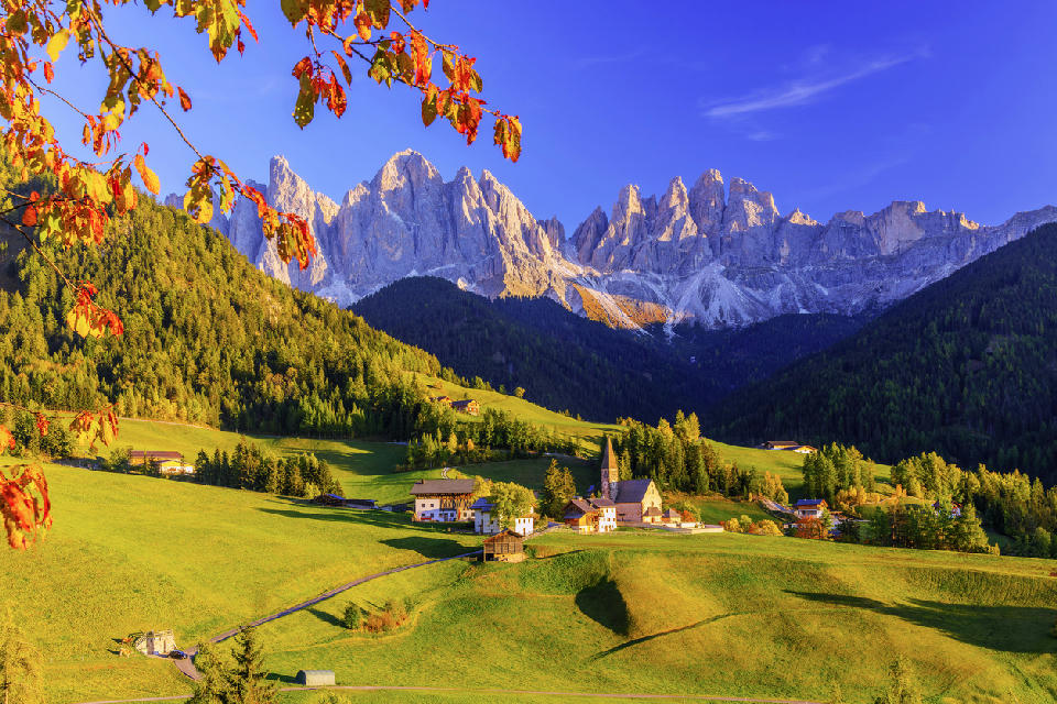 Village of Santa Maddalena in Val di Funes set below the Odle (Geisler) mountain group in the Dolomites, Italy.