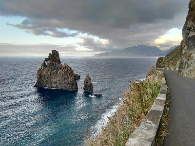 Volcanic sea stacks rising from the Atlantic Ocean at Ribeira da Janela on Madeira’s north coast