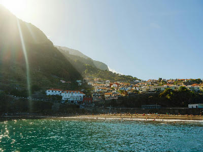 Seixal village and black sand beach on the north coast of Madeira Island, Portugal.