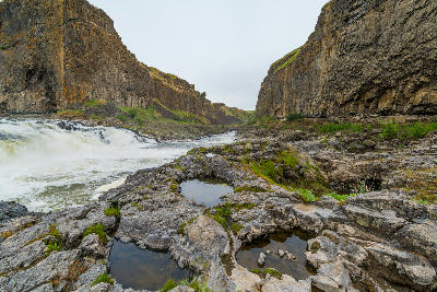 Basalt canyon walls and river channel below Palouse Falls in Palouse Falls State Park, Washington State