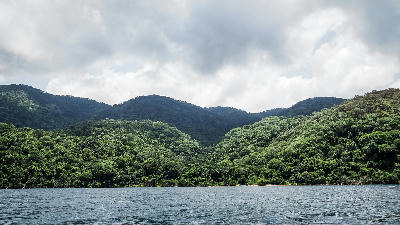 Rainforest-covered mountains of Mahale Mountains National Park rising above Lake Tanganyika in western Tanzania.