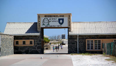 Entrance gate of Robben Island prison museum near Cape Town, South Africa.