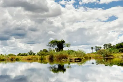 Landscape reflected in the Selinda Spillway, a seasonal waterway linking the Okavango Delta with the Linyanti wetlands in Botswana.