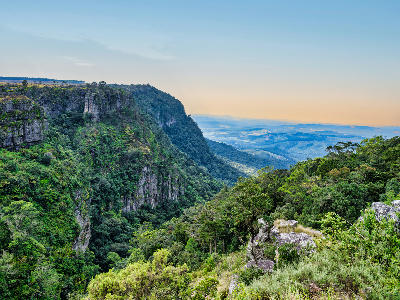 View over Driekop Gorge from God's Window near Graskop, showing escarpment cliffs, indigenous forest and distant Lowveld landscapes in Mpumalanga.