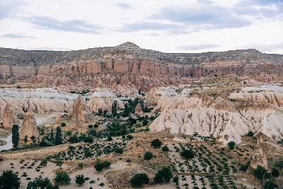 Panoramic view of Red Valley in Cappadocia, Turkey, featuring colourful volcanic cliffs, fairy chimneys, eroded rock formations, and orchards beneath an overcast sky.
