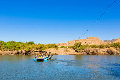 Pontoon ferry crossing the Orange River at Senderlingsdrif in the Richtersveld region of South Africa.