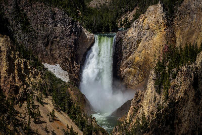 Lower Falls of the Yellowstone River from Artist Point framed by canyon walls