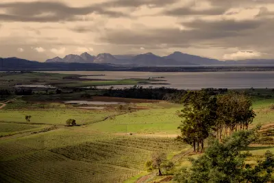 Distant view of The Hazards mountain range beyond green farmland and coastal waters on Tasmania’s east coast.