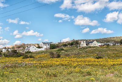 Yellow wildflowers covering open coastal veld in St Helena Bay, with white houses, granite hills and scattered clouds beneath a blue sky on the West Coast of South Africa.