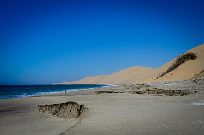 Sand dunes from the Namib Desert meeting the Atlantic shoreline along Namibia’s Skeleton Coast.