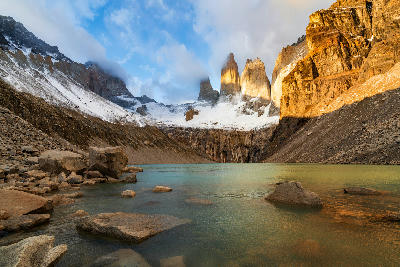 Sunrise at Mirador Las Torres with Laguna Torres and granite towers in Patagonia Chile.