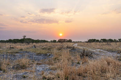 Sunset across the dry savannah landscape of Savuti in Chobe National Park, Botswana.