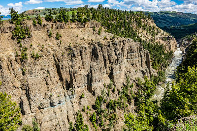 View from Calcite Springs Overlook showing basalt cliffs and the Yellowstone River below