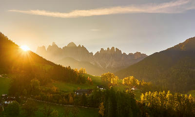 Golden sunset over Santa Maddalena village with the Odle peaks in Val di Funes, Dolomites, Italy.