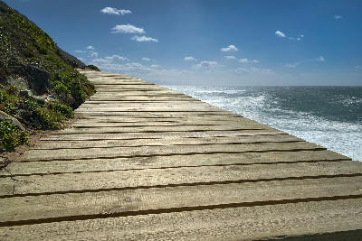 Wooden hiking boardwalk overlooking the ocean at Robberg Nature Reserve in Plettenberg Bay, South Africa.