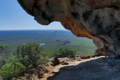 View across Cape Le Grand National Park from beneath the granite summit cave on Frenchman Peak, Western Australia.